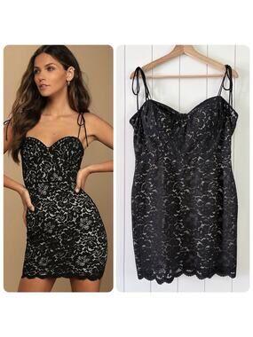 Lulus Sheer Black Floral Lace Bustier Bodycon Dress Nude Lining Tie Strap Zip XL